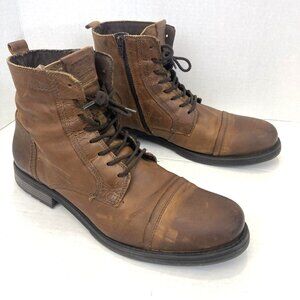Jack & Jones Leather Lace Up Boots Mens Size 12 Zip Up Vintage Patina Brown
